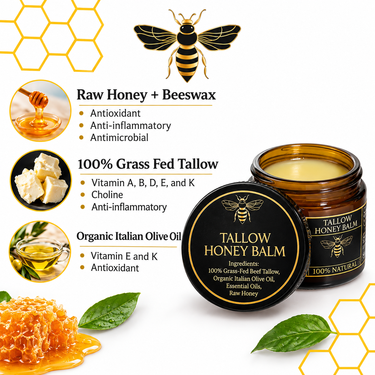 Organic Grass-Fed Beef Tallow Balm with Raw Honey - Handmade All-Natural Moisturizer for Soft, Smooth, Radiant Skin