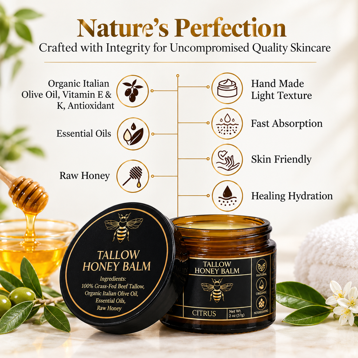 Organic Grass-Fed Beef Tallow Balm with Raw Honey - Handmade All-Natural Moisturizer for Soft, Smooth, Radiant Skin