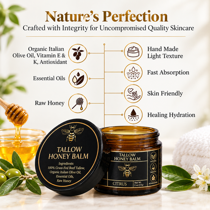 Organic Grass-Fed Beef Tallow Balm with Raw Honey - Handmade All-Natural Moisturizer for Soft, Smooth, Radiant Skin