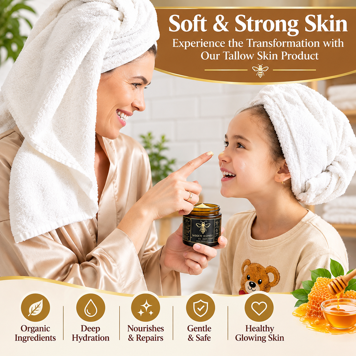 Organic Grass-Fed Beef Tallow Balm with Raw Honey - Handmade All-Natural Moisturizer for Soft, Smooth, Radiant Skin