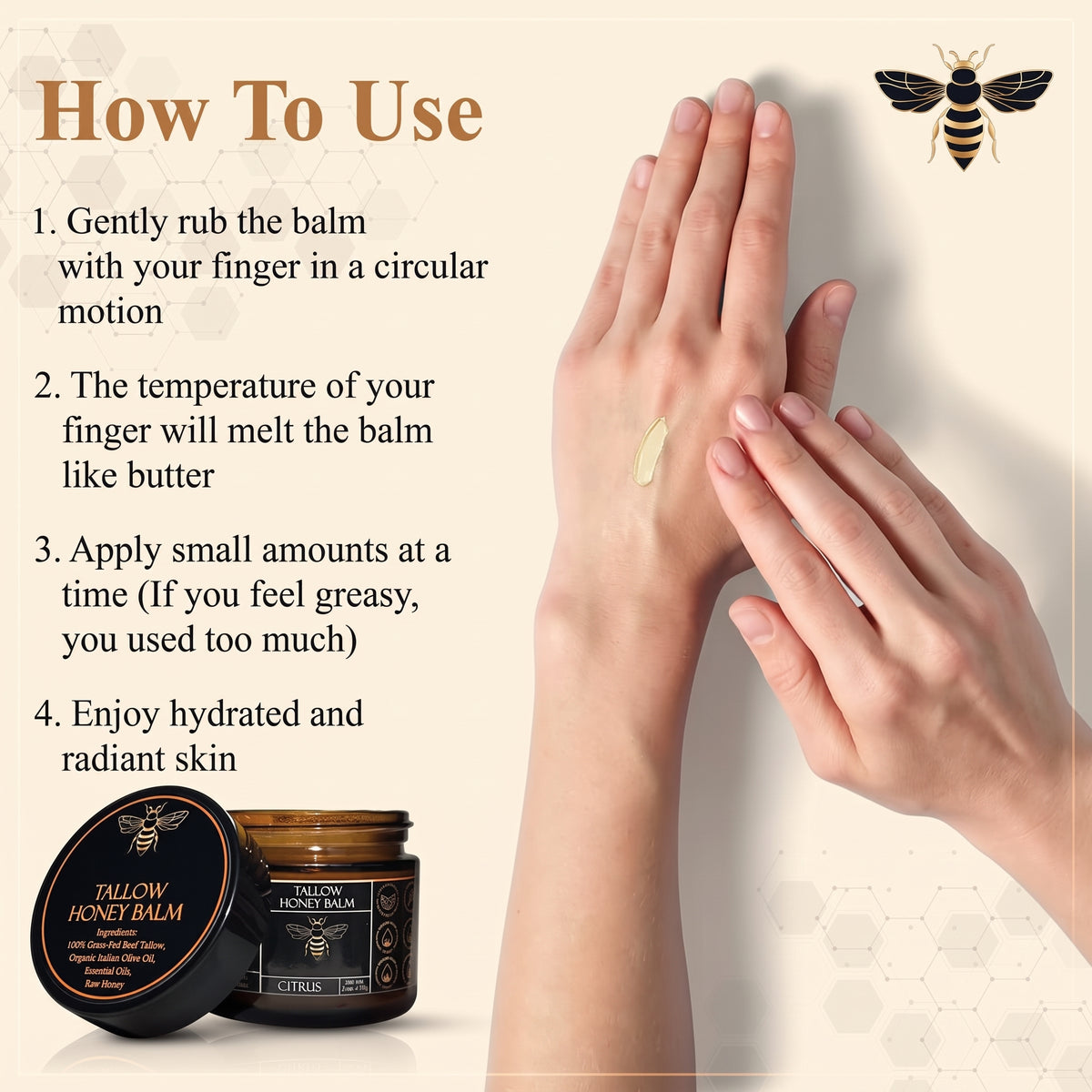 Organic Grass-Fed Beef Tallow Balm with Raw Honey - Handmade All-Natural Moisturizer for Soft, Smooth, Radiant Skin
